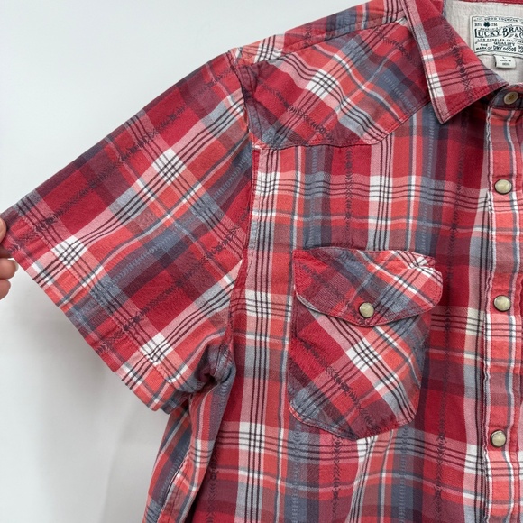Lucky Brand Top Women XL Red Plaid Pearl Snap Button Up Short Sleeve Western - Picture 2 of 11